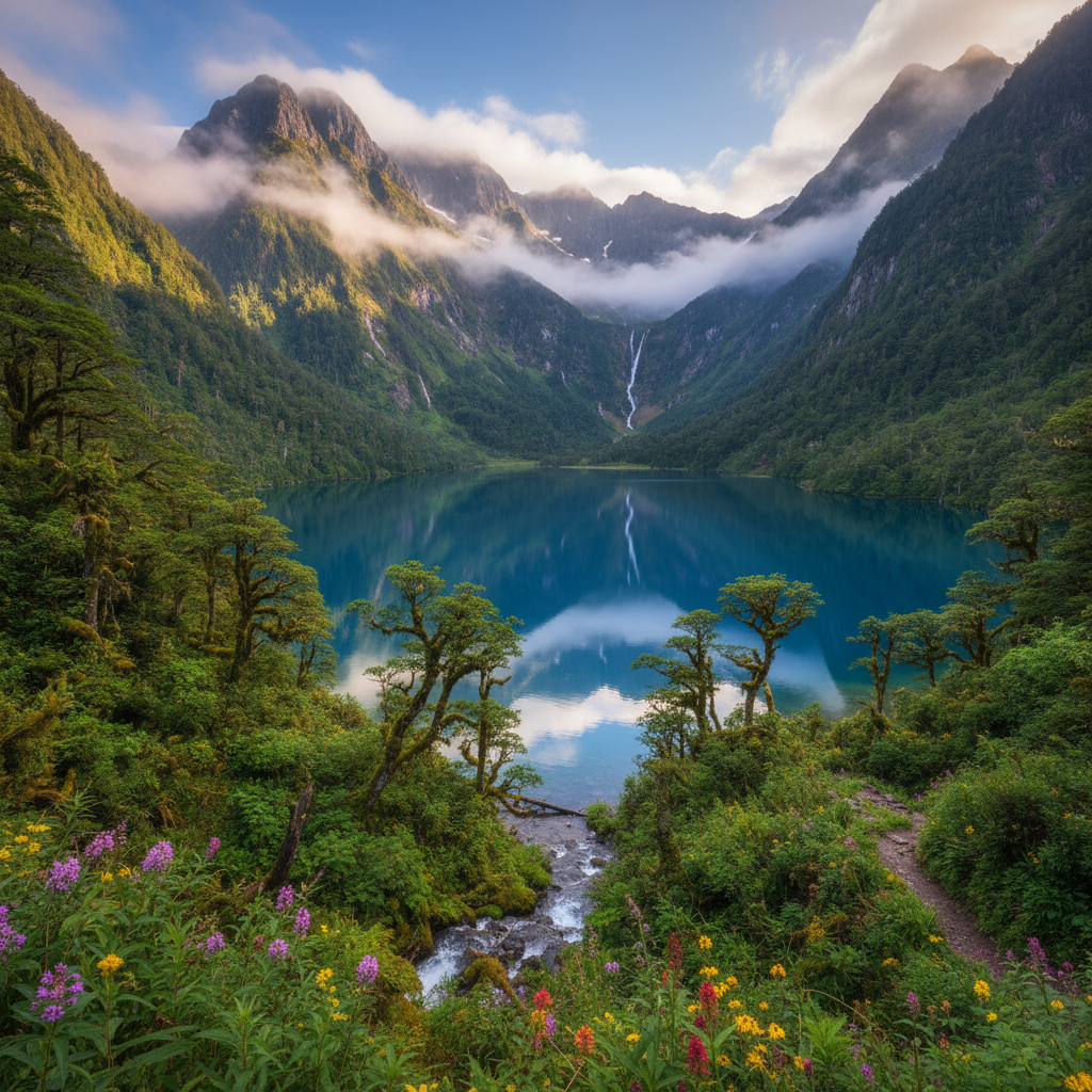 Clear blue mountain lake with surrounding forest and wildflowers
