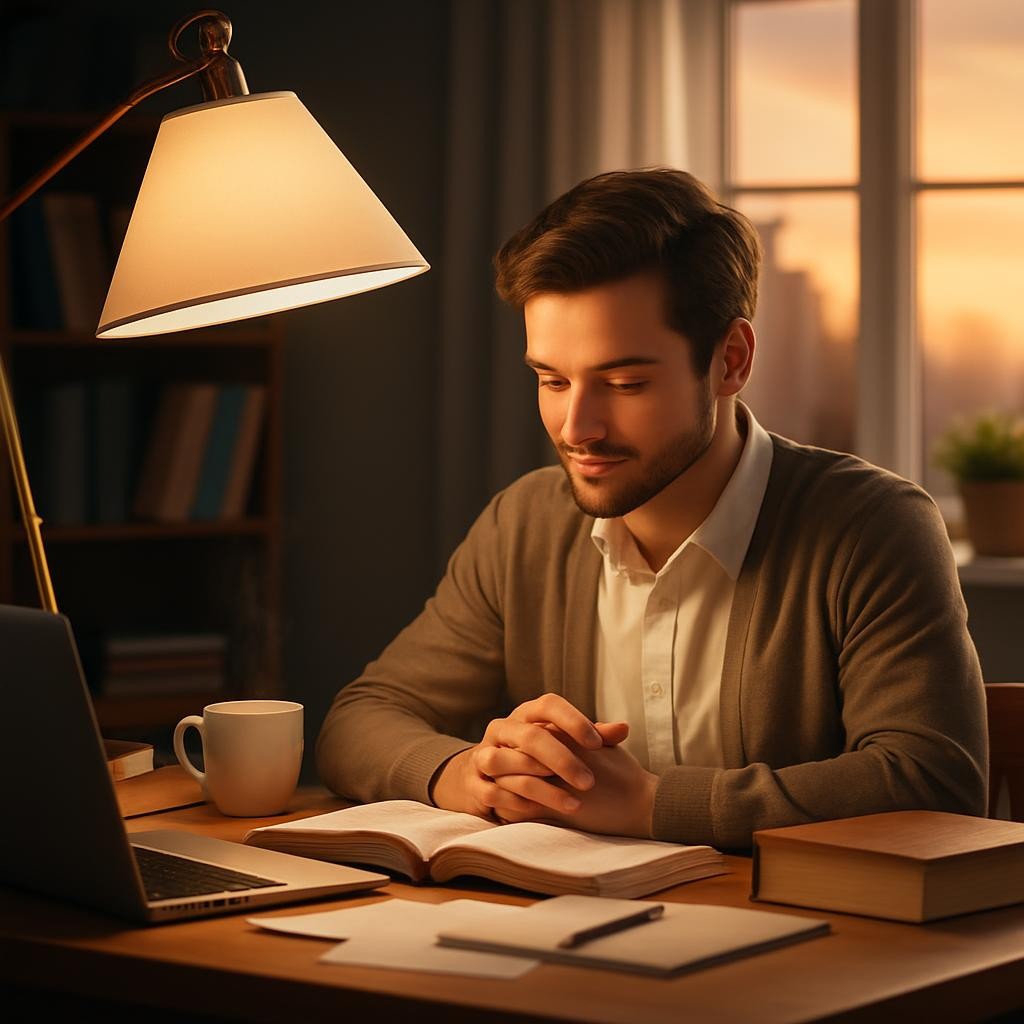 Young woman reading book at desk with laptop and warm lamp light
